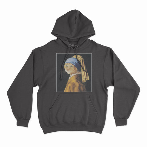 felpa con cappuccio unisex- il gatto con orecchino di perla